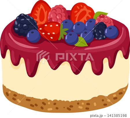 Fruit topped birthday cake with berries and creamy frosting Fruit topped birthday cake with berries and creamy frosting 141385198