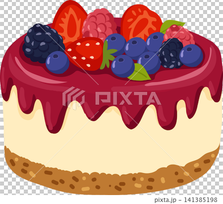Fruit topped birthday cake with berries and creamy frosting Fruit topped birthday cake with berries and creamy frosting 141385198