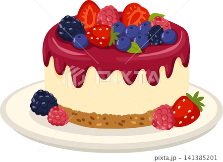 Berry cheesecake for dessert lovers topped with strawberries blueberries raspberries and blackberries on a plate 141385201