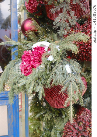 Festive winter floral arrangement with red hydrangeas and green fir branches Festive winter floral arrangement with red hydrangeas and green fir branches 141385676