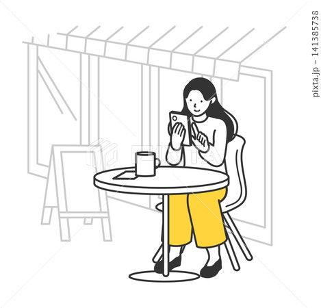カフェのテラス席でスマホの家計簿を確認して微笑む女性のイラスト 手軽な貯金・家計管理のイメージ 141385738