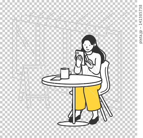 カフェのテラス席でスマホの家計簿を確認して微笑む女性のイラスト 手軽な貯金・家計管理のイメージ 141385738