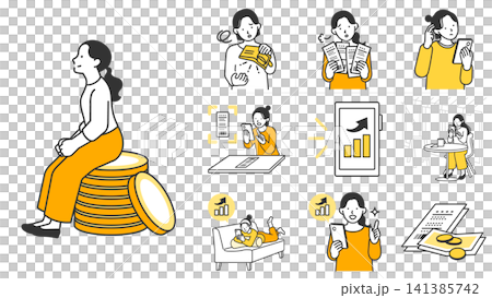A set of illustrations featuring a woman enjoying household budgeting and saving, along with her smartphone and receipts. Ideal for promoting investment and budgeting apps. 141385742