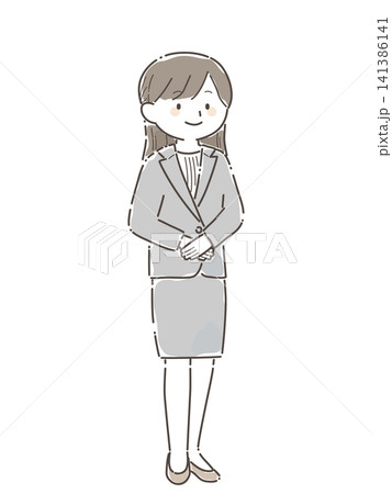 笑顔で立つスーツ姿の女性会社員の全身イラスト(手描き風) 笑顔で立つスーツ姿の女性会社員の全身イラスト(手描き風) 141386141