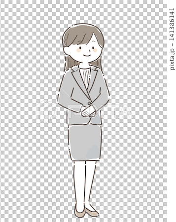 笑顔で立つスーツ姿の女性会社員の全身イラスト(手描き風) 笑顔で立つスーツ姿の女性会社員の全身イラスト(手描き風) 141386141