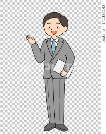 笑顔で資料を持ちながら案内するスーツの男性 笑顔で資料を持ちながら案内するスーツの男性 141386142