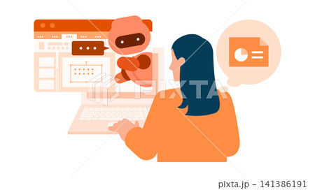 プレゼンテーションソフトでAIアシスタントとスライド構成を練る女性のイラスト プレゼンテーションソフトでAIアシスタントとスライド構成を練る女性のイラスト 141386191