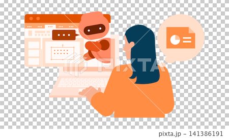 プレゼンテーションソフトでAIアシスタントとスライド構成を練る女性のイラスト プレゼンテーションソフトでAIアシスタントとスライド構成を練る女性のイラスト 141386191