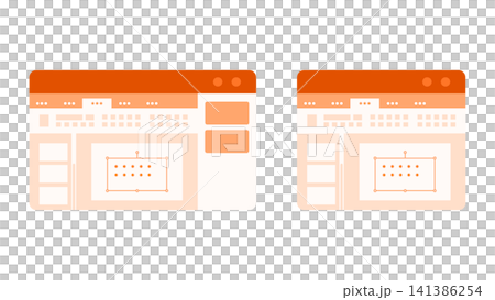 プレゼンテーションソフトの通常画面と拡張機能付き複数カラムのUIイラスト プレゼンテーションソフトの通常画面と拡張機能付き複数カラムのUIイラスト 141386254