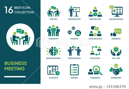 Set of Business Meeting Icon Concepts. Modern flat vector collection. Suitable for website, mobile app, user interface, presentation, infographic, dashboard, and digital design projects. 141386370
