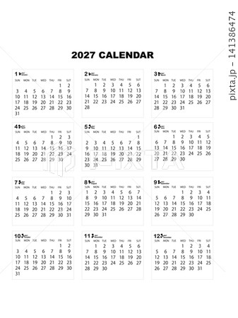 2027年年間カレンダー シンプルなモノクロデザイン 12ヶ月一覧 2027年年間カレンダー シンプルなモノクロデザイン 12ヶ月一覧 141386474