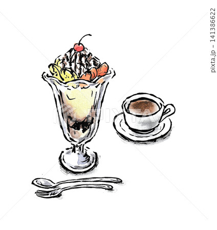 絵手紙風レトロ喫茶店で食べたいバナナ入りチョコレートパフェ 141386622