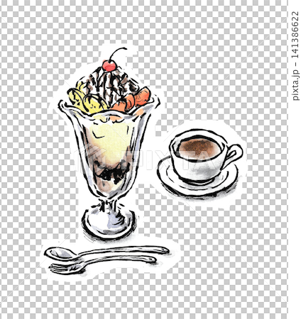 絵手紙風レトロ喫茶店で食べたいバナナ入りチョコレートパフェ 141386622