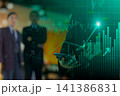 Business man on digital stock market financial indicator background. Digital business and stock market financial indicator on LED. Double exposure of business man and digital stock market financial. 141386831