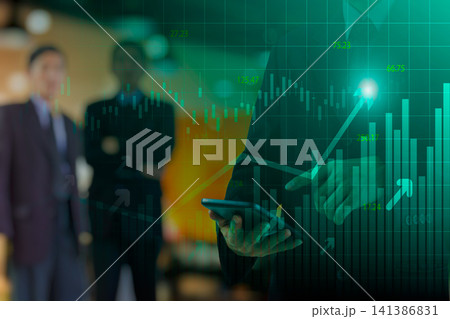 Business man on digital stock market financial indicator background. Digital business and stock market financial indicator on LED. Double exposure of business man and digital stock market financial. 141386831