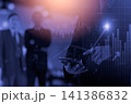 Business man on digital stock market financial indicator background. Digital business and stock market financial indicator on LED. Double exposure of business man and digital stock market financial. 141386832