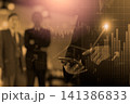 Business man on digital stock market financial indicator background. Digital business and stock market financial indicator on LED. Double exposure of business man and digital stock market financial. 141386833