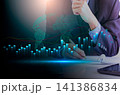 Business man on digital stock market financial indicator background. Digital business and stock market financial indicator on LED. Double exposure of business man and digital stock market financial. 141386834