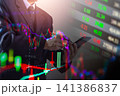Business man on digital stock market financial indicator background. Digital business and stock market financial indicator on LED. Double exposure of business man and digital stock market financial. 141386837