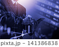 Business man on digital stock market financial indicator background. Digital business and stock market financial indicator on LED. Double exposure of business man and digital stock market financial. 141386838