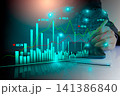Business man on digital stock market financial indicator background. Digital business and stock market financial indicator on LED. Double exposure of business man and digital stock market financial. 141386840