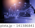 Business man on digital stock market financial indicator background. Digital business and stock market financial indicator on LED. Double exposure of business man and digital stock market financial. 141386841