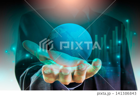 Business man on digital stock market financial indicator background. Digital business and stock market financial indicator on LED. Double exposure of business man and digital stock market financial. 141386843