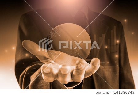 Business man on digital stock market financial indicator background. Digital business and stock market financial indicator on LED. Double exposure of business man and digital stock market financial. 141386845