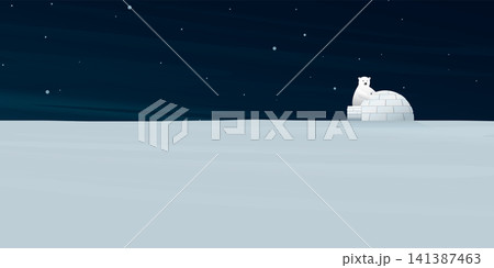 Night at North Pole with snowfall have polar bear discovering igloo. Northern arctic landscape vector illustration. Life in the north in the ice flat design. Night at North Pole with snowfall have polar bear discovering igloo. Northern arctic landscape vector illustration. Life in the north in the ice flat design. 141387463