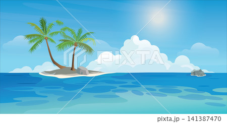 Small tropical island with palm trees at the ocean in sunny day flat design. Travel in summer season concept vector illustration background. 141387470