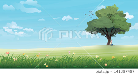 Countryside landscape with couple of lover under the big tree have blue sky background flat design vector illustration. Valentine's day card template. Countryside landscape with couple of lover under the big tree have blue sky background flat design vector illustration. Valentine's day card template. 141387487