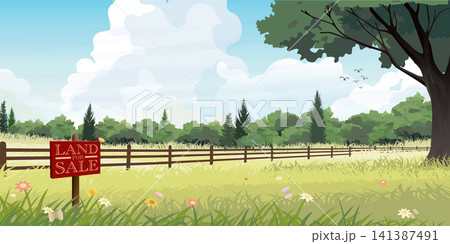 Land for sale sign in countryside fields landscape with clouds and blue sky background vector illustration. Real estate and property concept. Land for sale sign in countryside fields landscape with clouds and blue sky background vector illustration. Real estate and property concept. 141387491