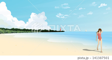 Seascape with woman walking on the beach vector illustration have blank space at the sky. Seaside landscape with tourist, ocean coast, lighthouse and yacht flat design. Seascape with woman walking on the beach vector illustration have blank space at the sky. Seaside landscape with tourist, ocean coast, lighthouse and yacht flat design. 141387501