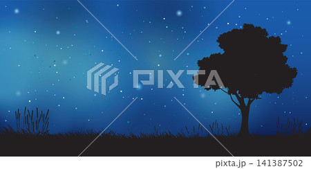 Tree and grass field silhouette with night sky have a  lot of stars background. 141387502