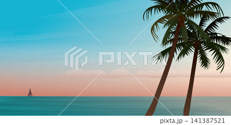 Seascape, palm tree silhouette and yacht at skyline with sunset sky background vector illustration. Summer traveling and party at the beach concept flat design with blank space. 141387521