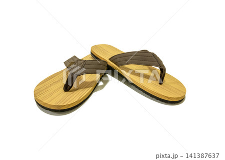 Wooden Flip Flops Isolated on White Background, Eco Summer Sandals Mockup Wooden Flip Flops Isolated on White Background, Eco Summer Sandals Mockup 141387637