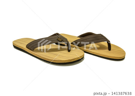 Wooden Flip Flops Isolated on White Background, Eco Summer Sandals Mockup 141387638