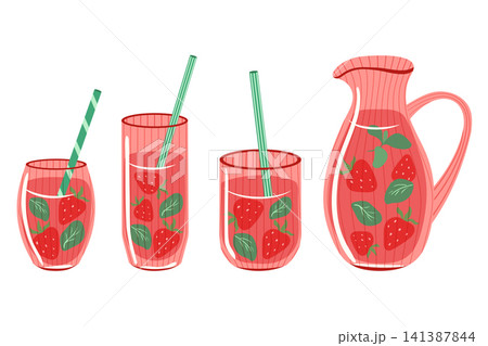 Strawberry lemonade vector set. Summer drinks in ribbed glasses with straws and pitcher with berry juice, strawberries and mint isolated on white background. Refreshing beverage clipart for cafe menu Strawberry lemonade vector set. Summer drinks in ribbed glasses with straws and pitcher with berry juice, strawberries and mint isolated on white background. Refreshing beverage clipart for cafe menu 141387844
