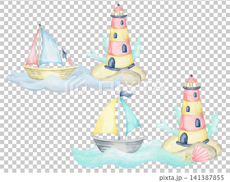 Blue and yellow sailboats with pink lighthouses and aqua foliage, watercolor illustration set for nursery prints, invitations, packaging, stationery and childrens products Blue and yellow sailboats with pink lighthouses and aqua foliage, watercolor illustration set for nursery prints, invitations, packaging, stationery and childrens products 141387855