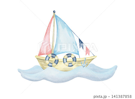Blue and pink sailboat with lifebuoys on gentle waves, watercolor illustration suitable for nursery prints, baby invitations, educational materials, stickers, packaging and stationery Blue and pink sailboat with lifebuoys on gentle waves, watercolor illustration suitable for nursery prints, baby invitations, educational materials, stickers, packaging and stationery 141387858