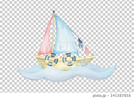 Blue and pink sailboat with lifebuoys on gentle waves, watercolor illustration suitable for nursery prints, baby invitations, educational materials, stickers, packaging and stationery Blue and pink sailboat with lifebuoys on gentle waves, watercolor illustration suitable for nursery prints, baby invitations, educational materials, stickers, packaging and stationery 141387858