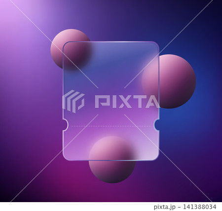Glass morphism ticket template on purple background with spheres. 141388034