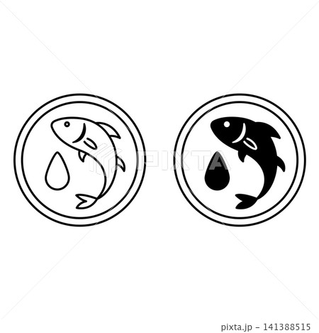 Icons of Omega 3 Fatty Acids. Black and White Vector Icons. Sea Fish and Drop of Oil. Label for Packaging of Medicines and Food Products Icons of Omega 3 Fatty Acids. Black and White Vector Icons. Sea Fish and Drop of Oil. Label for Packaging of Medicines and Food Products 141388515