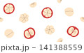 Seamless pattern of mangosteen halves and white segments. Repeating pattern cross and longitudinal sections mangosteen. Seamless background with tropical fruit mangosteen  141388559
