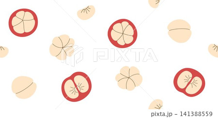 Seamless pattern of mangosteen halves and white segments. Repeating pattern cross and longitudinal sections mangosteen. Seamless background with tropical fruit mangosteen Seamless pattern of mangosteen halves and white segments. Repeating pattern cross and longitudinal sections mangosteen. Seamless background with tropical fruit mangosteen 141388559