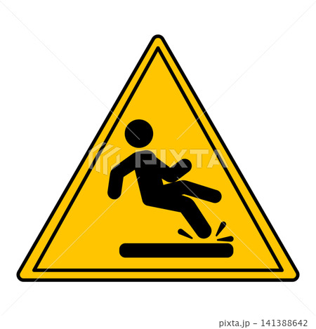 Yellow Slippery Floor Sign. Vector Icon. Man Falls on Slippery Floor. Danger Warning Sign Yellow Slippery Floor Sign. Vector Icon. Man Falls on Slippery Floor. Danger Warning Sign 141388642