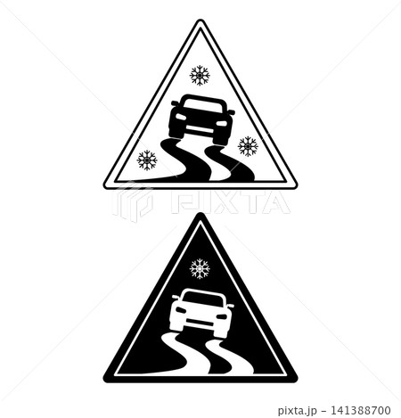 Slippery Road Signs. Black and White Vector Icons. The car is driving on a slippery road. Danger Warning Sign Slippery Road Signs. Black and White Vector Icons. The car is driving on a slippery road. Danger Warning Sign 141388700