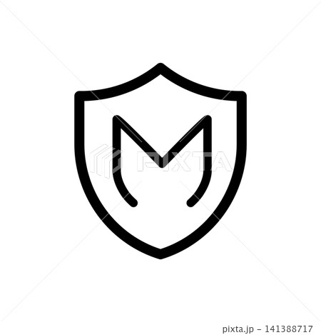 Letter M monogram shield icon. Minimalist alphabet logo element or security branding graphic with uniform line stroke. Letter M monogram shield icon. Minimalist alphabet logo element or security branding graphic with uniform line stroke. 141388717