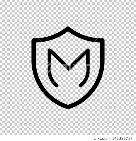 Letter M monogram shield icon. Minimalist alphabet logo element or security branding graphic with uniform line stroke. Letter M monogram shield icon. Minimalist alphabet logo element or security branding graphic with uniform line stroke. 141388717