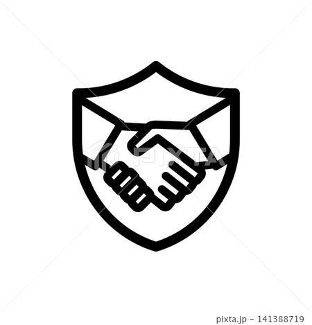 Handshake shield icon representing secure deal, trusted partnership, or contract protection. Minimalist black outline graphic. Handshake shield icon representing secure deal, trusted partnership, or contract protection. Minimalist black outline graphic. 141388719